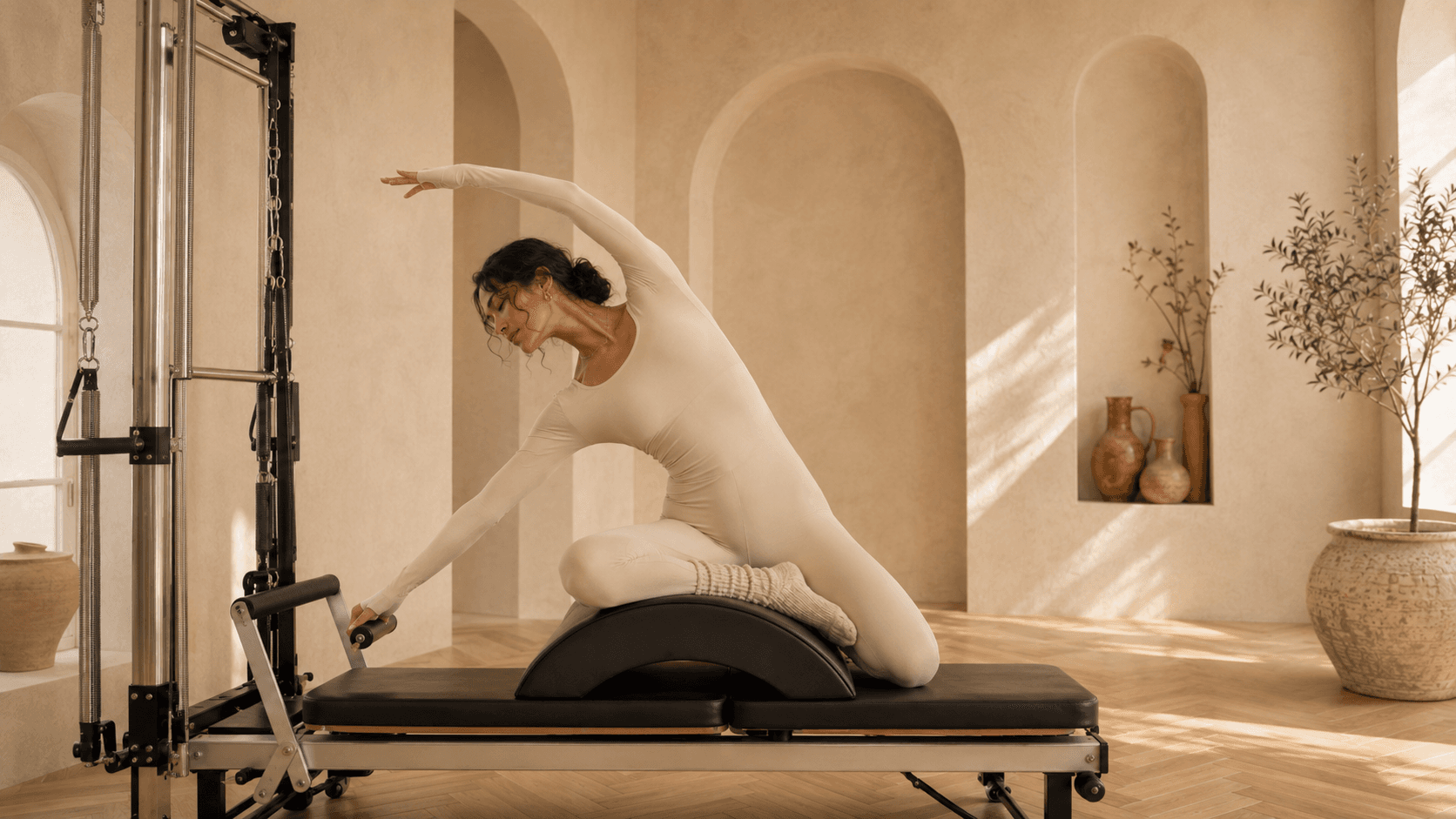 Mariam in a long kneeling side-reach over the ladder barrel, framed by arched niches.