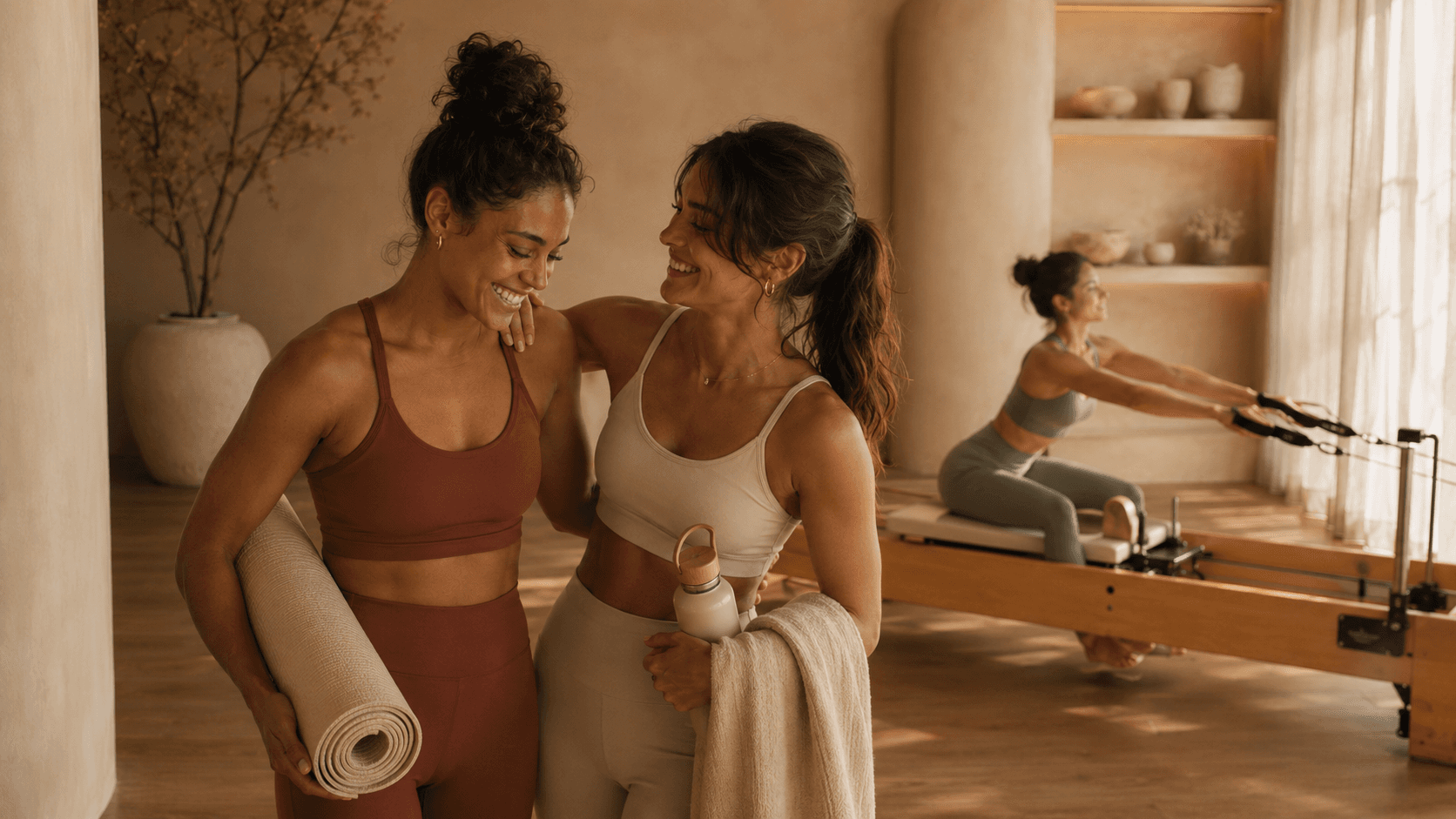 Two members laughing together after class, one holding a mat and towel.