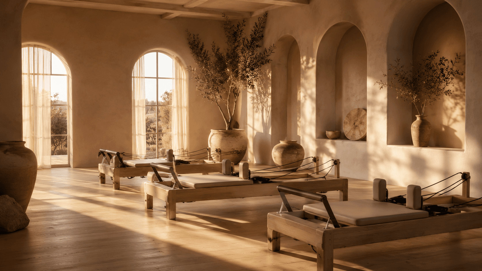 Inside soul studio: a row of wooden reformers beneath tall arched windows, olive trees in stone urns and warm afternoon light on the herringbone floor.