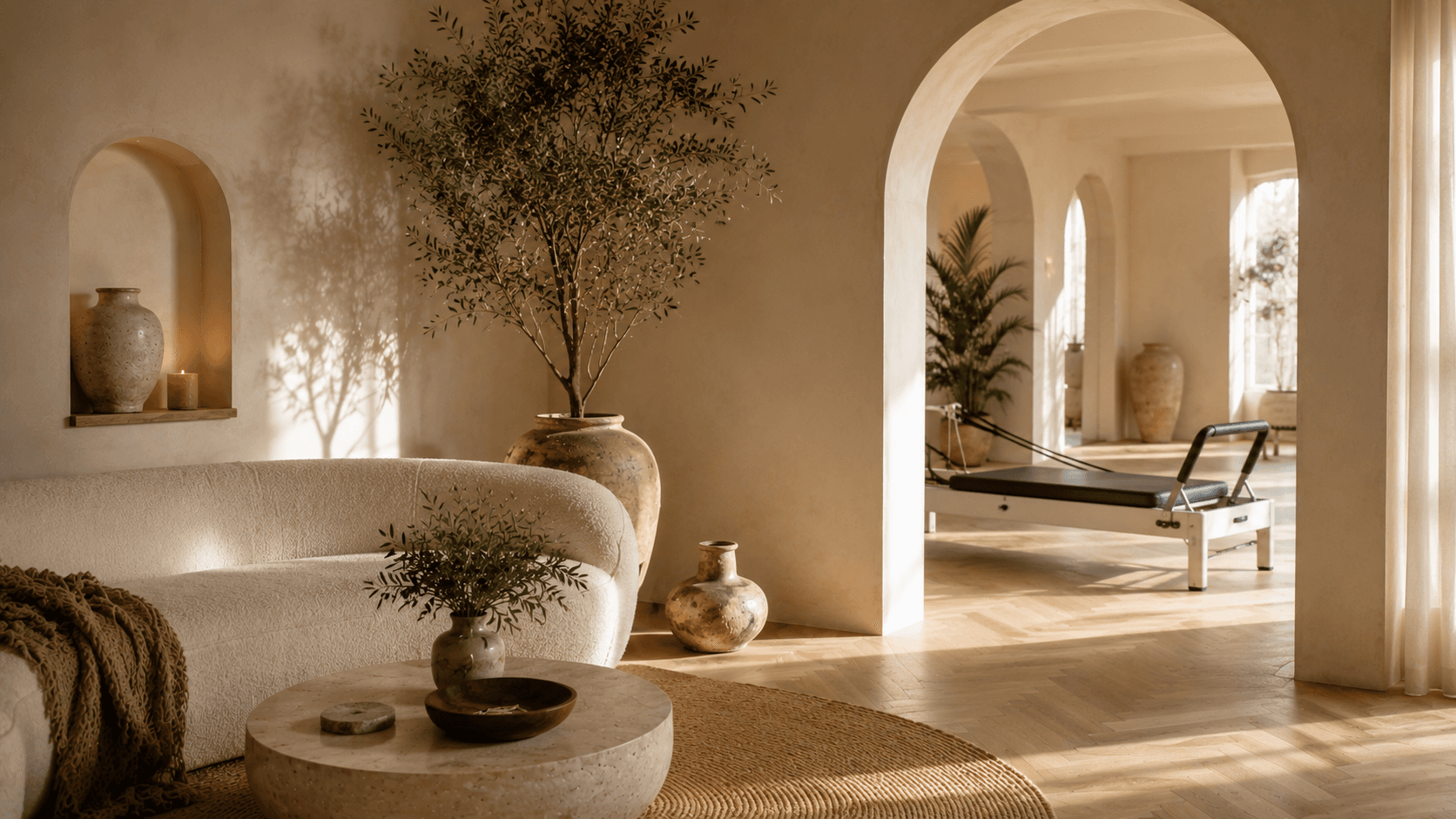 The soul studio lounge — a bouclé chair and a tall olive tree beside an arch that opens onto the reformer floor.