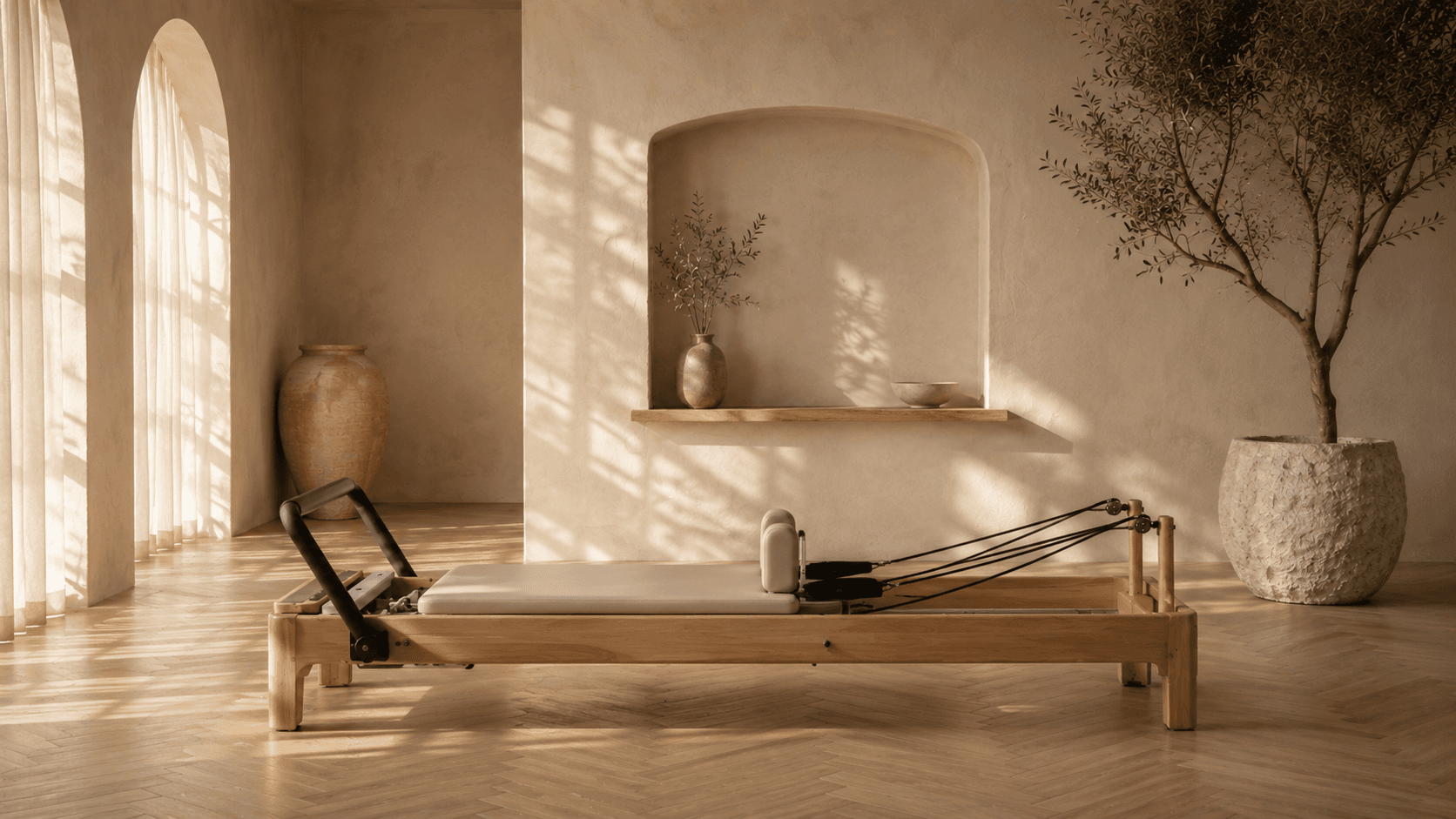 A single wooden reformer in a sunlit arched room styled with an olive branch and stone vessels.